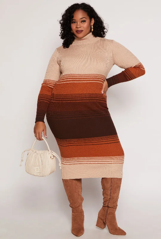 Plus Size Almost Famous Color Blocked Striped Sweater Dress