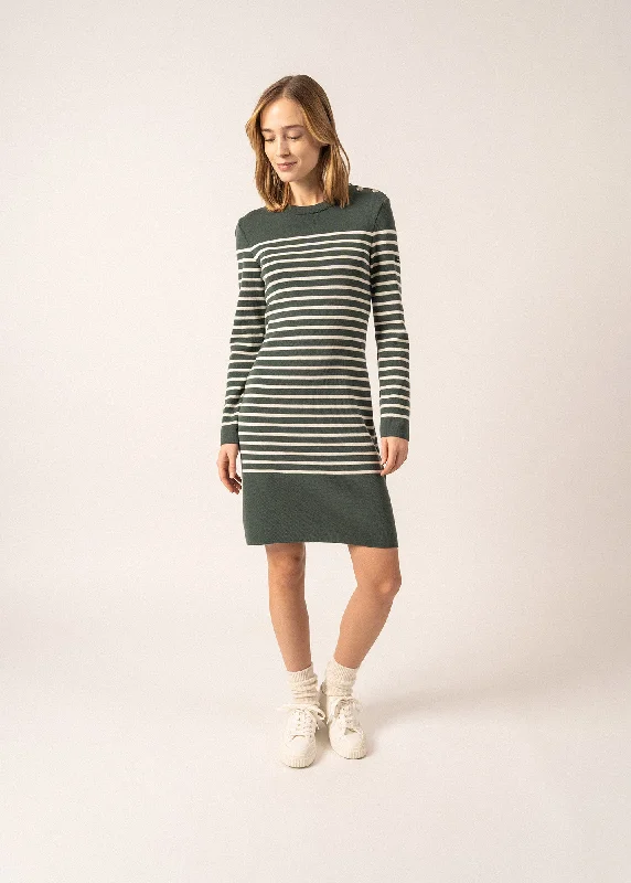 Grande Marée striped jumper dress - in wool, shoulder buttoning (VEGETAL/ECUME)