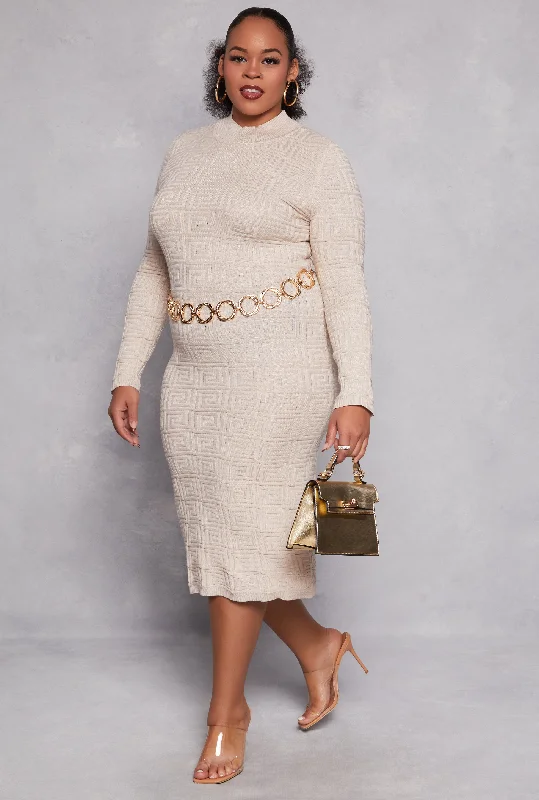 Plus Size Greek Key Textured Knit Sweater Dress