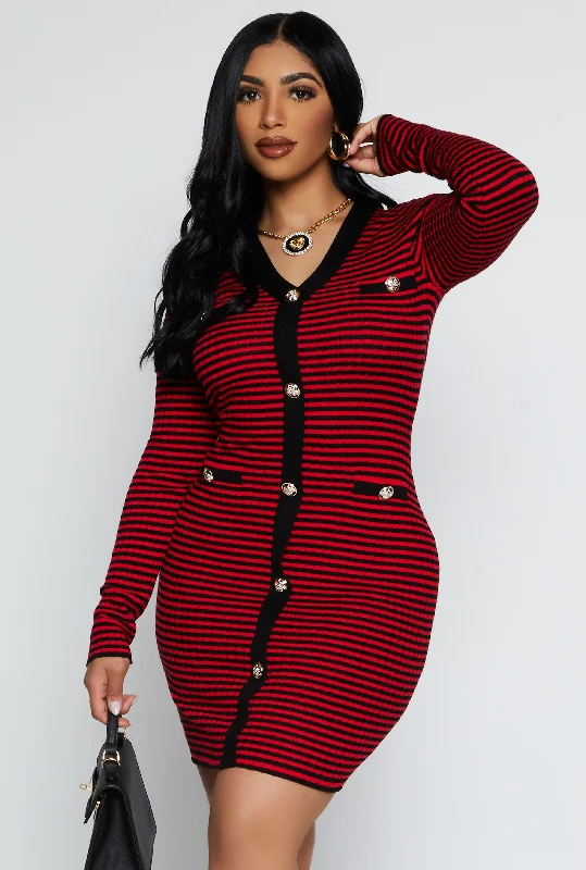 Striped Ribbed Knit Button Detail Dress