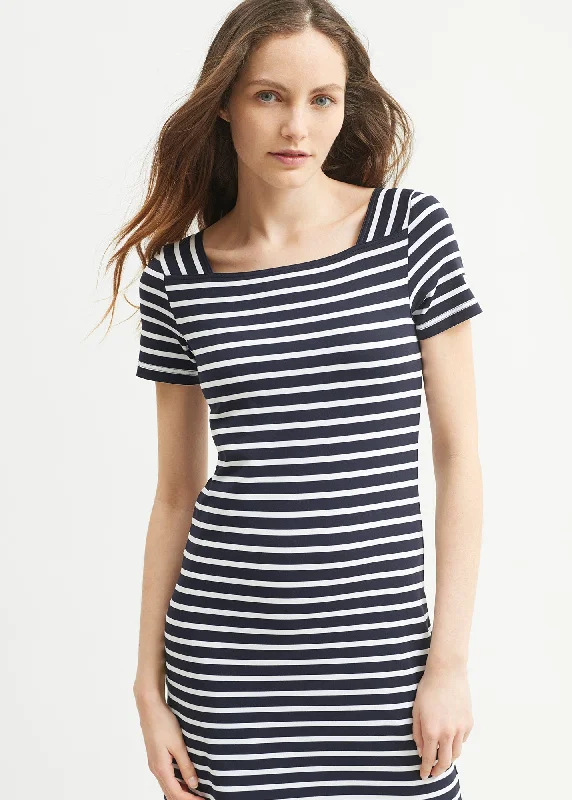 Tolède anti-UV striped dress - square neck, in recycled jersey (NAVY/NEIGE)