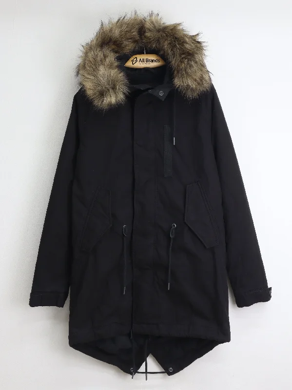 Women's Plain Faux Fur Parka Jacket,Black