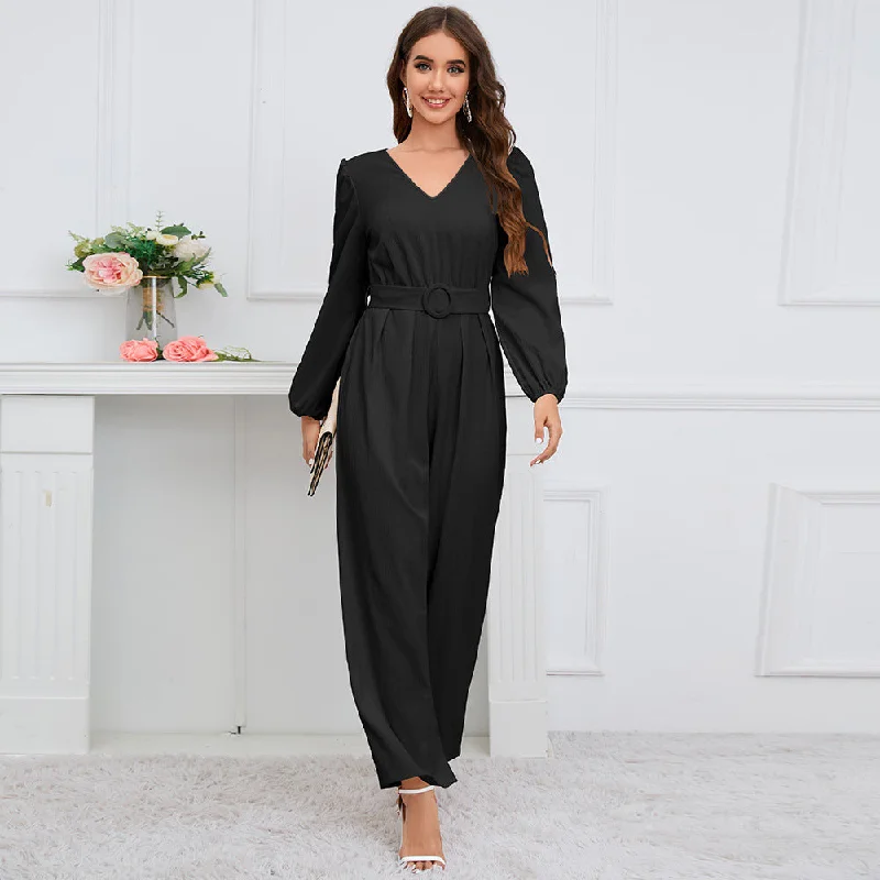 Casual Solid Color V-neck Long Sleeve Slim-fit Jumpsuit