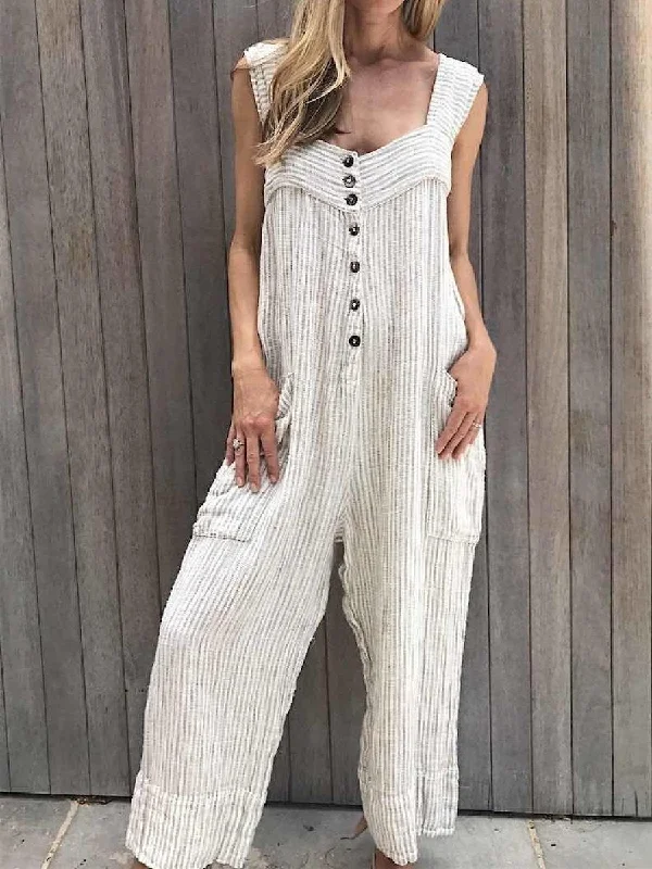 Casual White Striped Button Vintage One-Pieces Jumpsuit