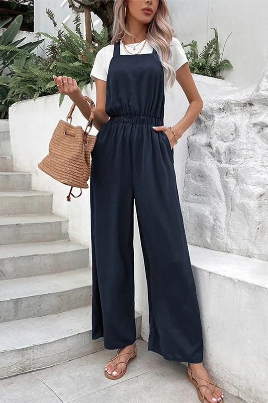 DRAWSTRING WAIST WOMEN JUMPSUIT WITH POCKETS