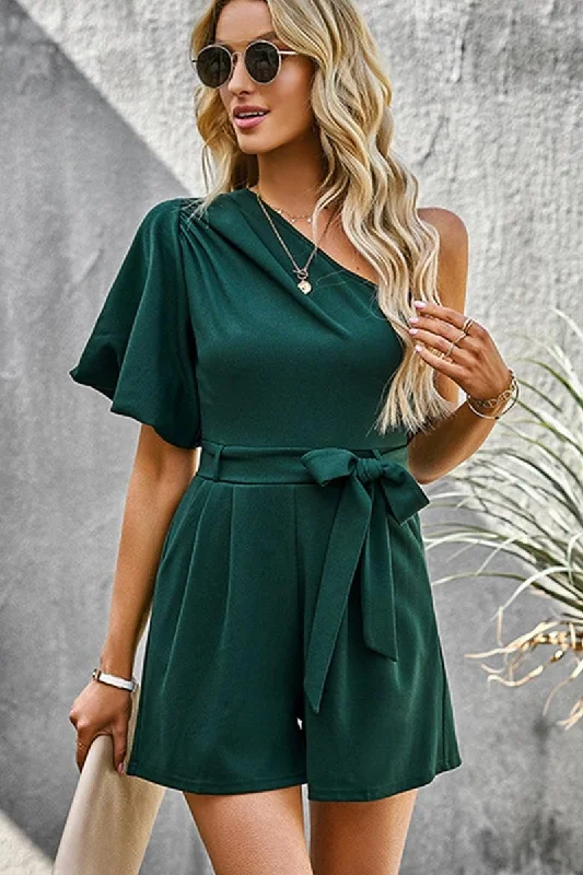 HALF OFF SHOULDER TIED WAIST ROMPER