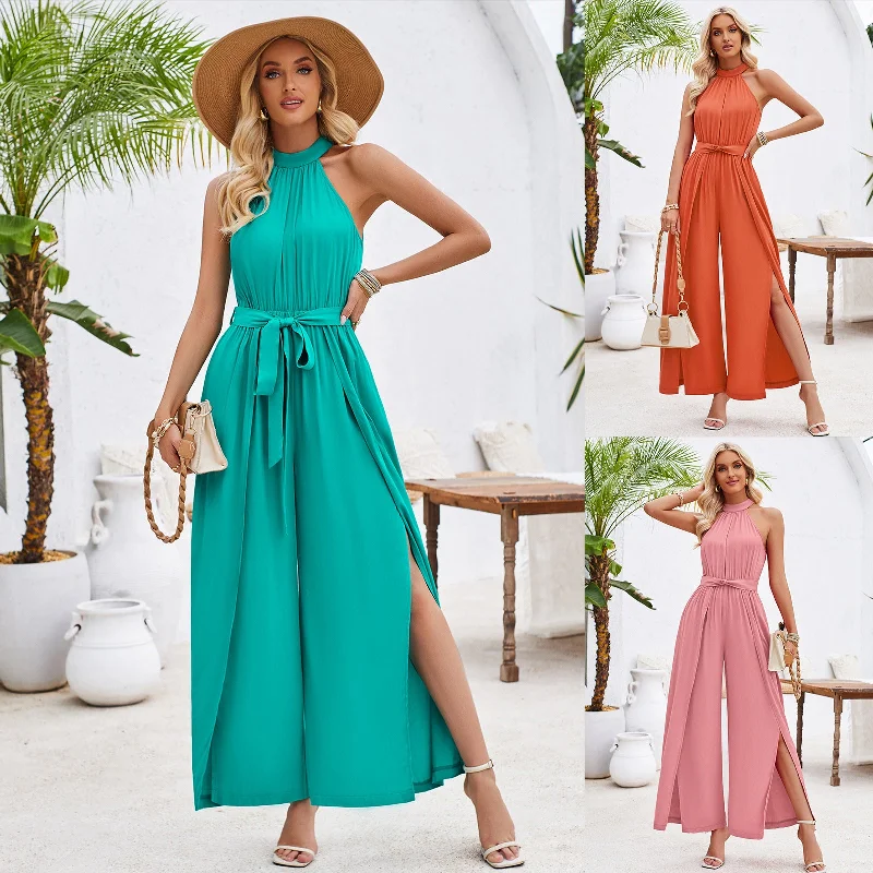 Fresh Style Solid Color Halter Neck Tie Jumpsuit