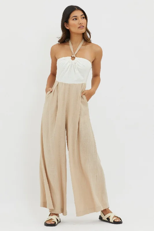 Maryn Wide Leg Halterneck Jumpsuit Beige