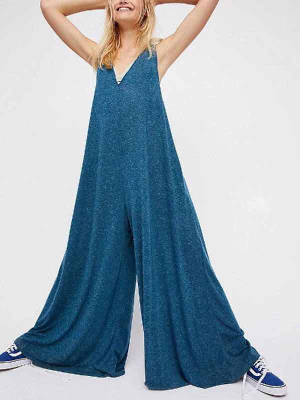 Women's Fashion Blue V-Neck Loose Jumpsuit