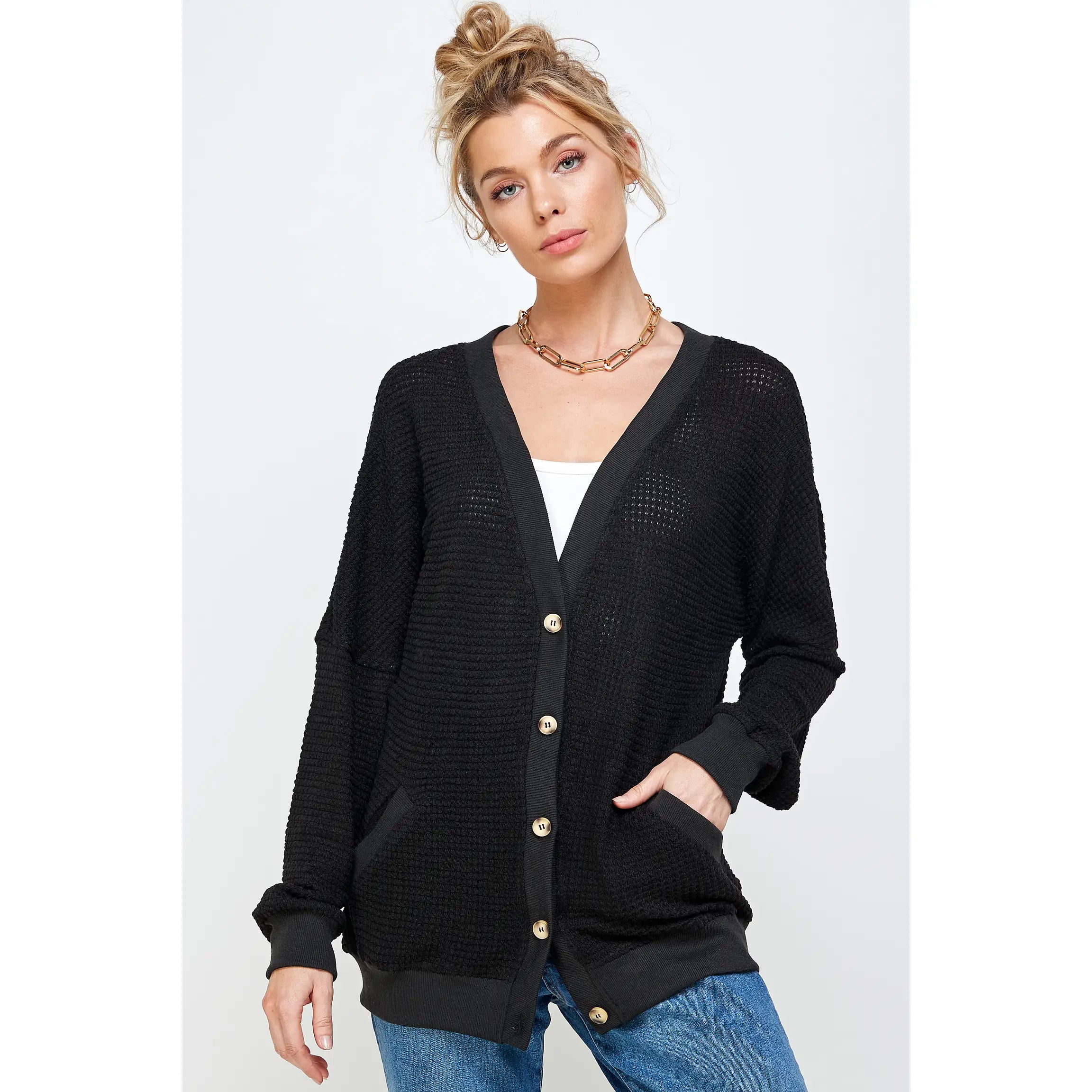 Thermal Knit Cardigan-Black