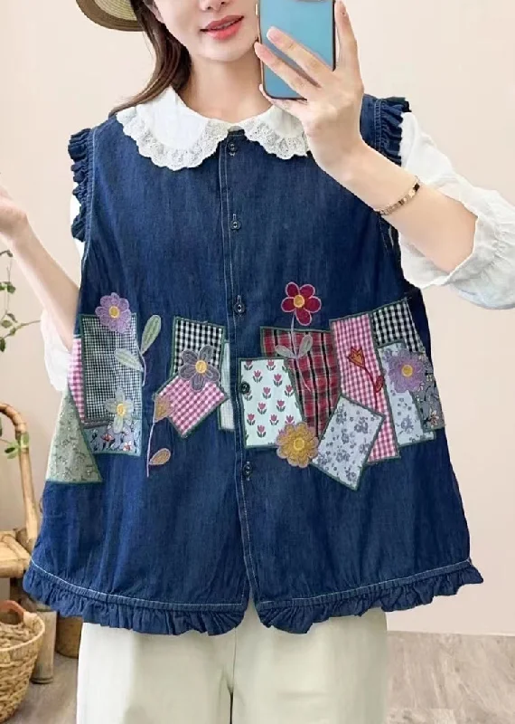 Cute Navy Embroidered Patchwork Button Waistcoat Sleeveless