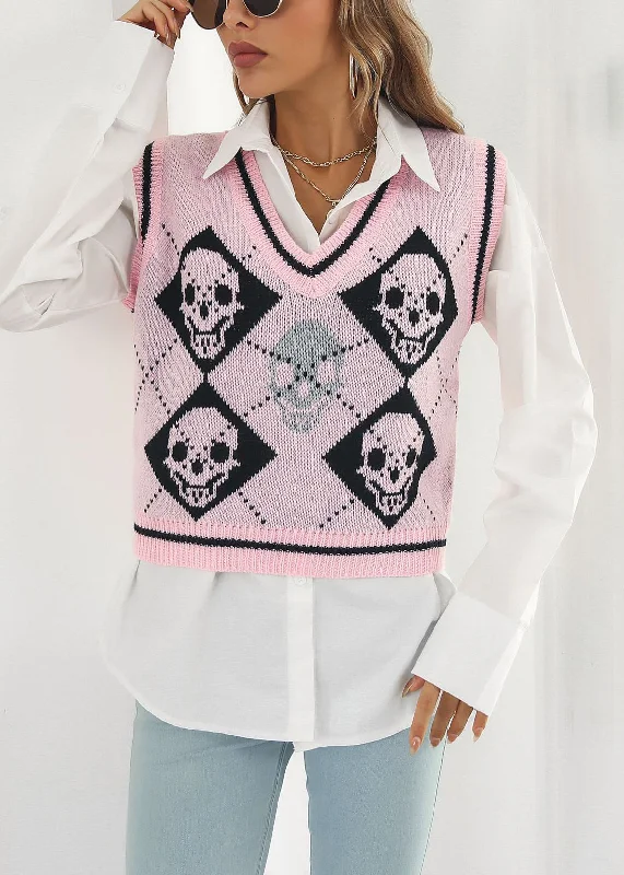 Pink Skull Cozy Patchwork Knit Vest V Neck Fall