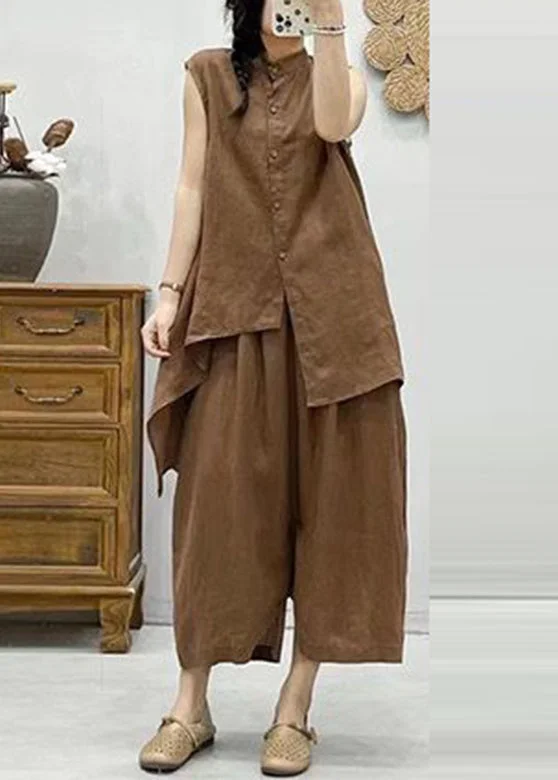 Plus Size Coffee Stand Collar Asymmetrical Patchwork Linen Waistcoat And Crop Pants Two Pieces Set Summer