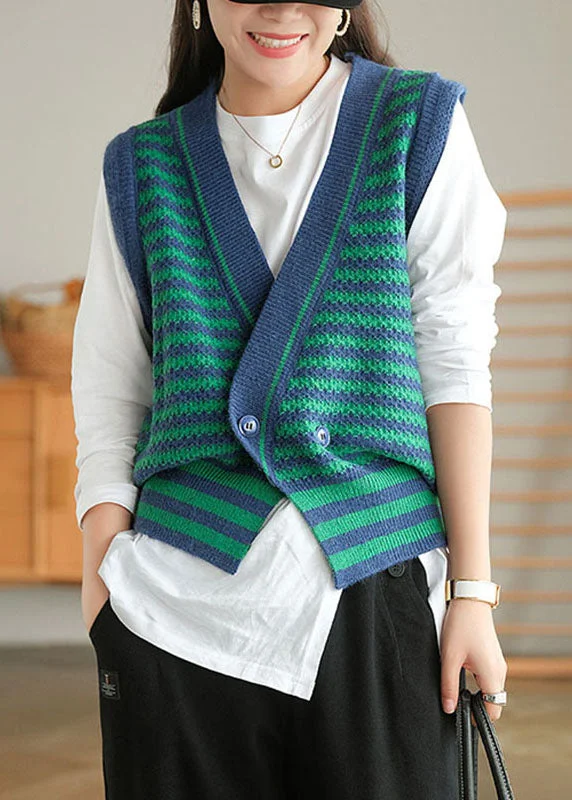 Plus Size Green Striped Button Fall Knit Sleeveless Waistcoat