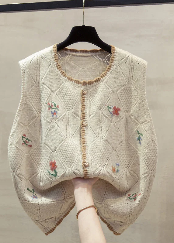 Unique Beige O-Neck Embroidered Floral Cotton Knit Waistcoat Fall