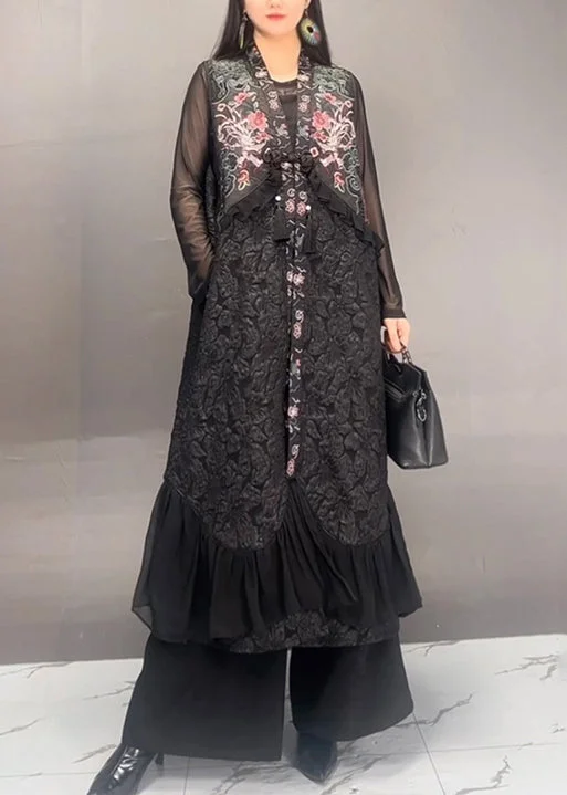 Unique Black Ruffled Patchwork Cotton Long Vest Sleeveless