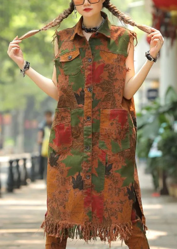 Vintage Army Green Peter Pan Collar Print Pockets Tassel Waistcoat Fall