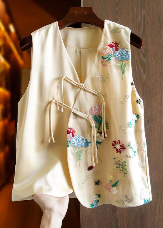 Women Apricot V Neck Embroidered Floral Button Patchwork Tulle Waistcoat Sleeveless